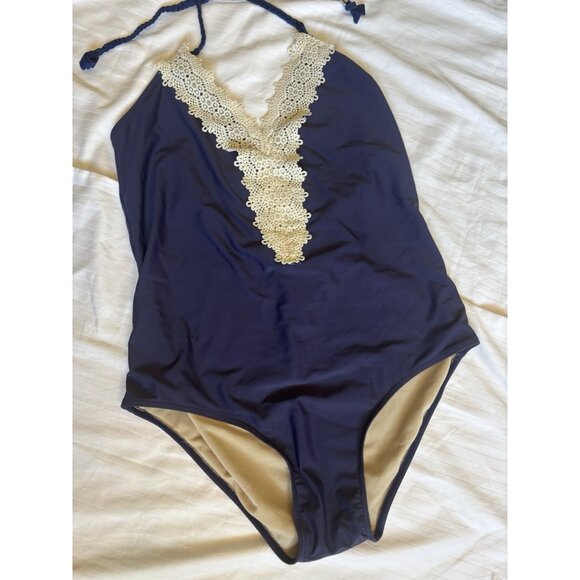 Navy Blue Monokini V-Neck One-Piece Swimsuit Low Back Halter Sexy Minimalist - Picture 12 of 16